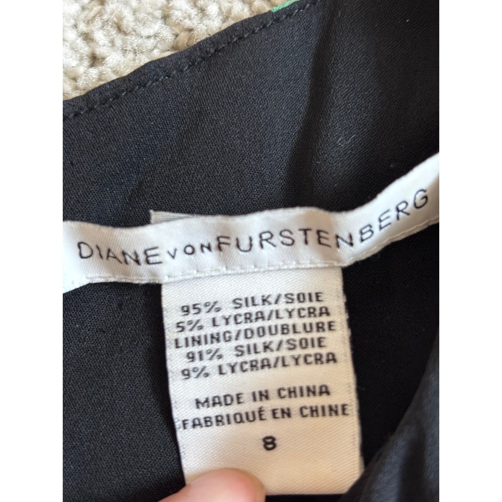 Diane von Furstenberg Silk Dress 8 Black Teal Abstract Sleeveless Zip Back - Picture 3 of 9